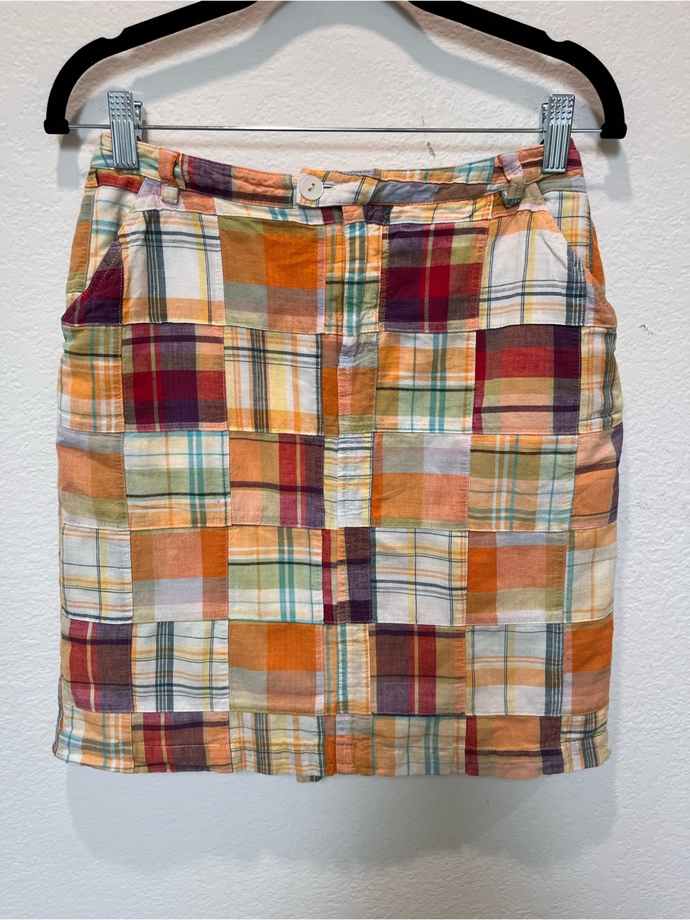 Pendleton Vintage Madras Patchwork Plaid Mini Skirt in Orange, Red, Cream